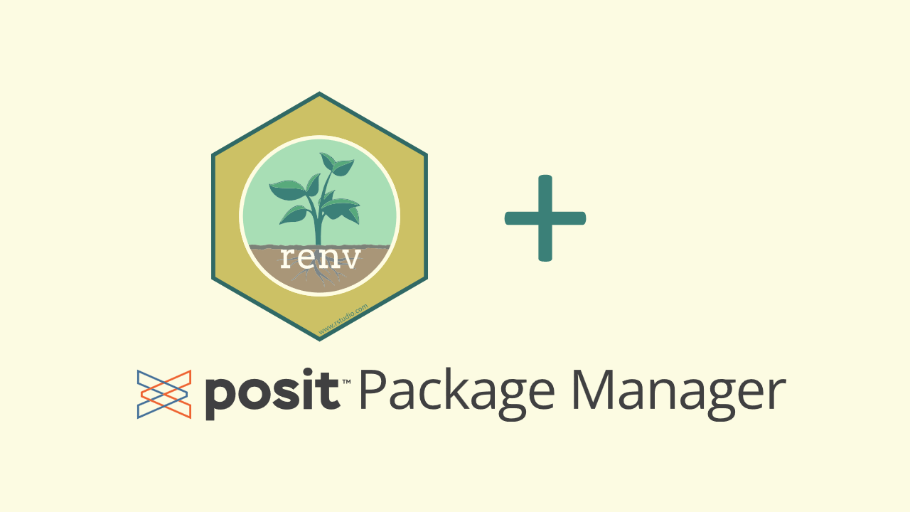 Logo/hex sticker from {renv} and logo for posit Package manager with a plus sign in between.