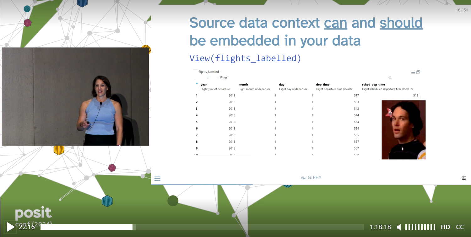 Left hand side has square image of Shannon on stage holding a clicker, right hand side shows slide with title "Source data context can and should be embedded in your data".