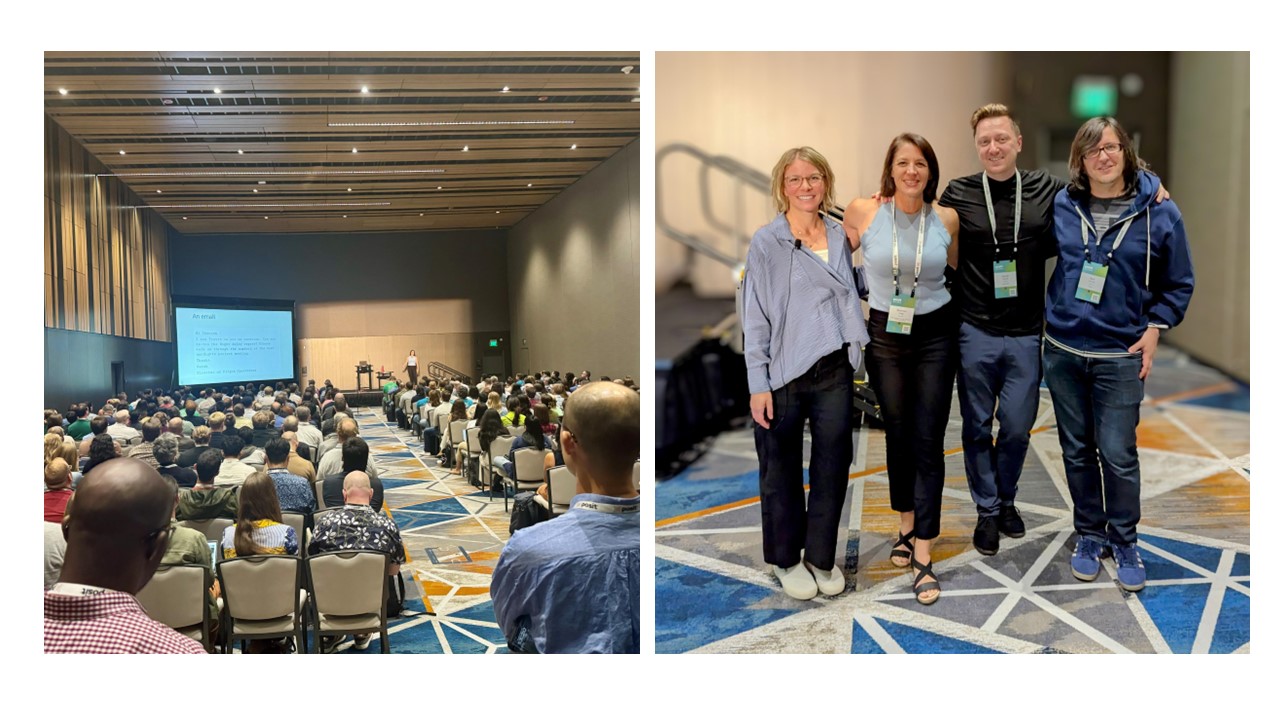 Left: Shannon is on stage with large screen off to side; most seats appear full. Right: Four speakers standing with arms around each other; corner of stage in back left and carpet has triangular pattern.